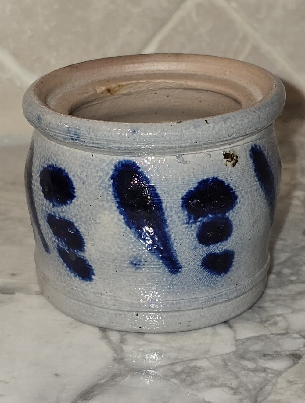 Antique Salt Glazed Cobalt Blue Decorated Pottery Crock Planter Pot French